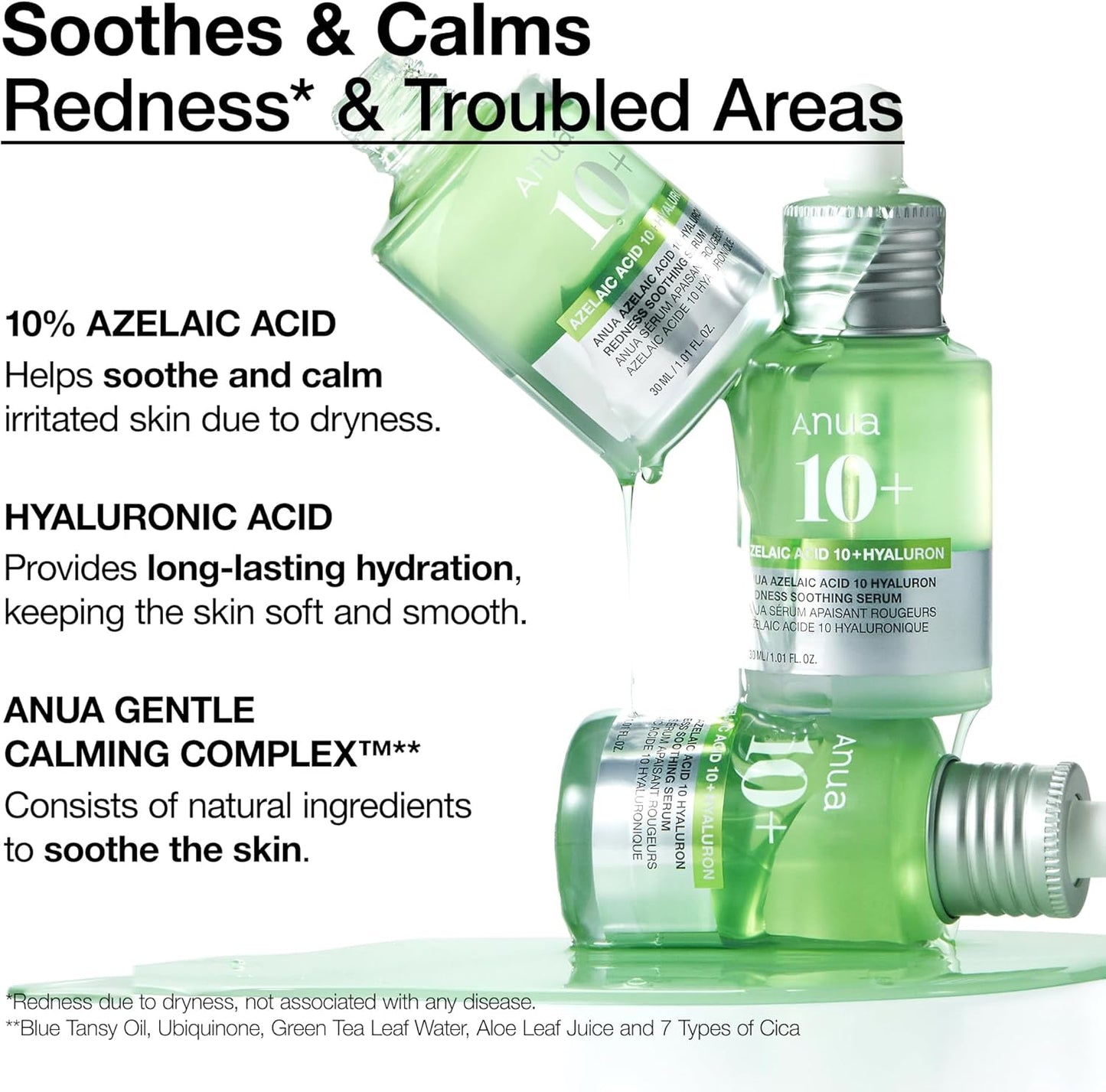 Anua Azelaic Acid 10 Hyaluron Redness Soothing Serum - Facial Serum for Sensitive skin, Hyaluronic Acid, Niacinamide, Spot Care, Natural Color, Vegan, Korean Skincare 30ml