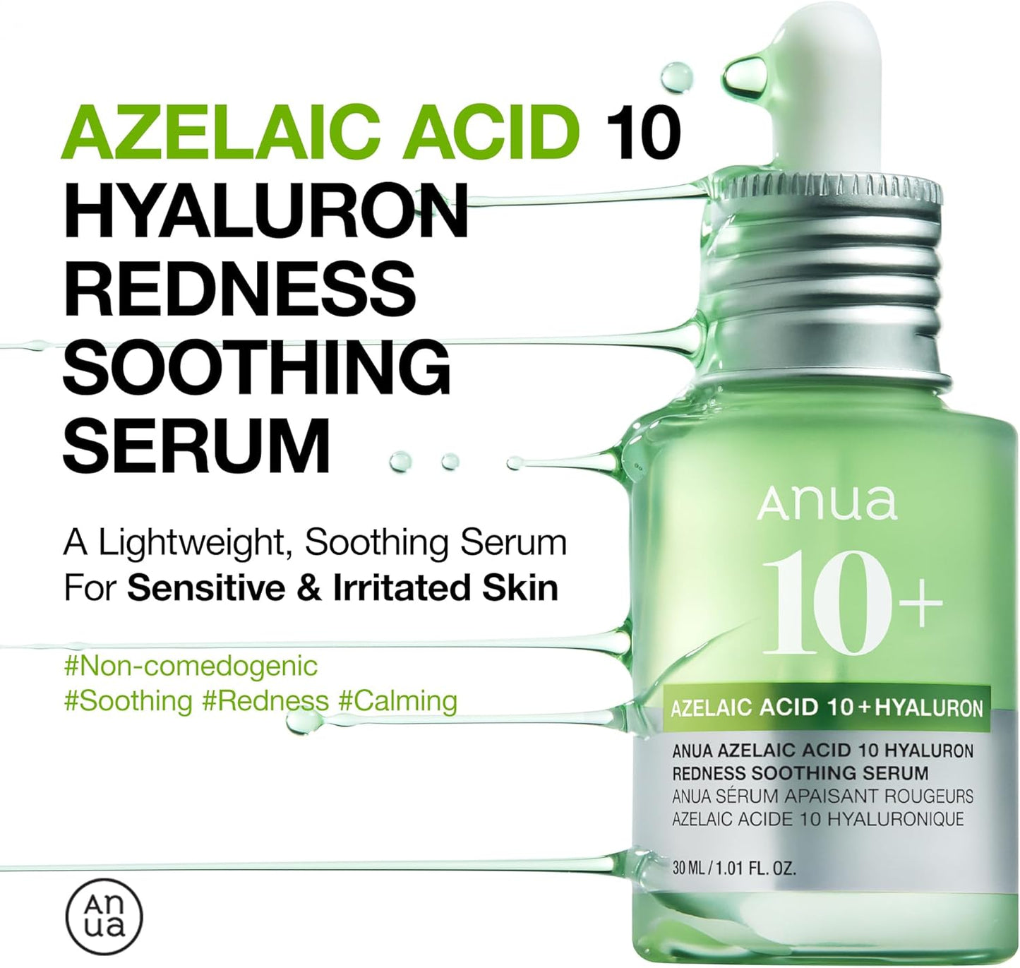 Anua Azelaic Acid 10 Hyaluron Redness Soothing Serum -  Facial Serum for Sensitive skin, Hyaluronic Acid, Niacinamide, Spot Care, Natural Color, Vegan, Korean Skincare 30ml
