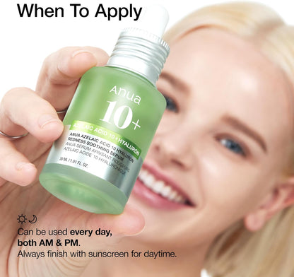 Anua Azelaic Acid 10 Hyaluron Redness Soothing Serum -  Facial Serum for Sensitive skin, Hyaluronic Acid, Niacinamide, Spot Care, Natural Color, Vegan, Korean Skincare 30ml